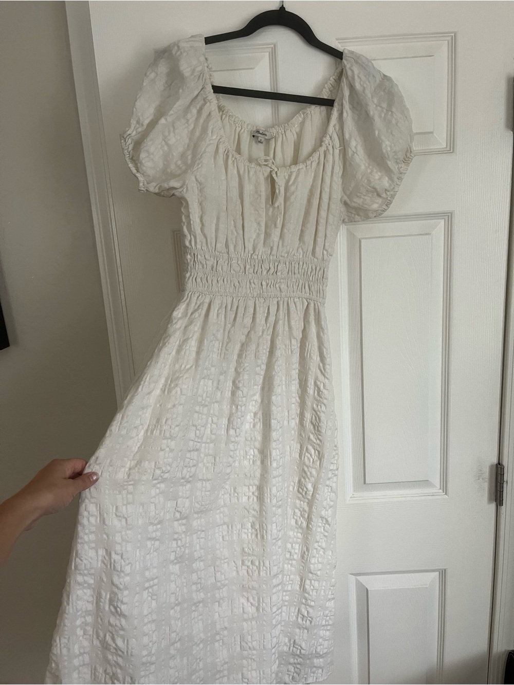 Madewell White Puff-Sleeve Smocked Midi Dress
